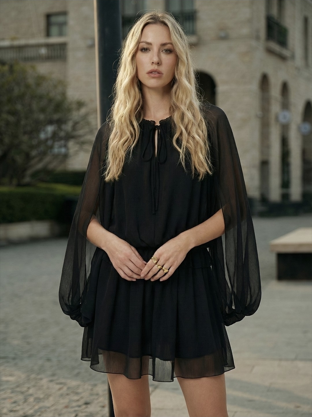 Commense Black Sheer Long-Sleeve Ruffle Mini Dress - Picture 2 of 7
